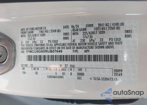 2024 Ford Escape Active из США, поврежденный, VIN 1FMCU9GN5RUB07649